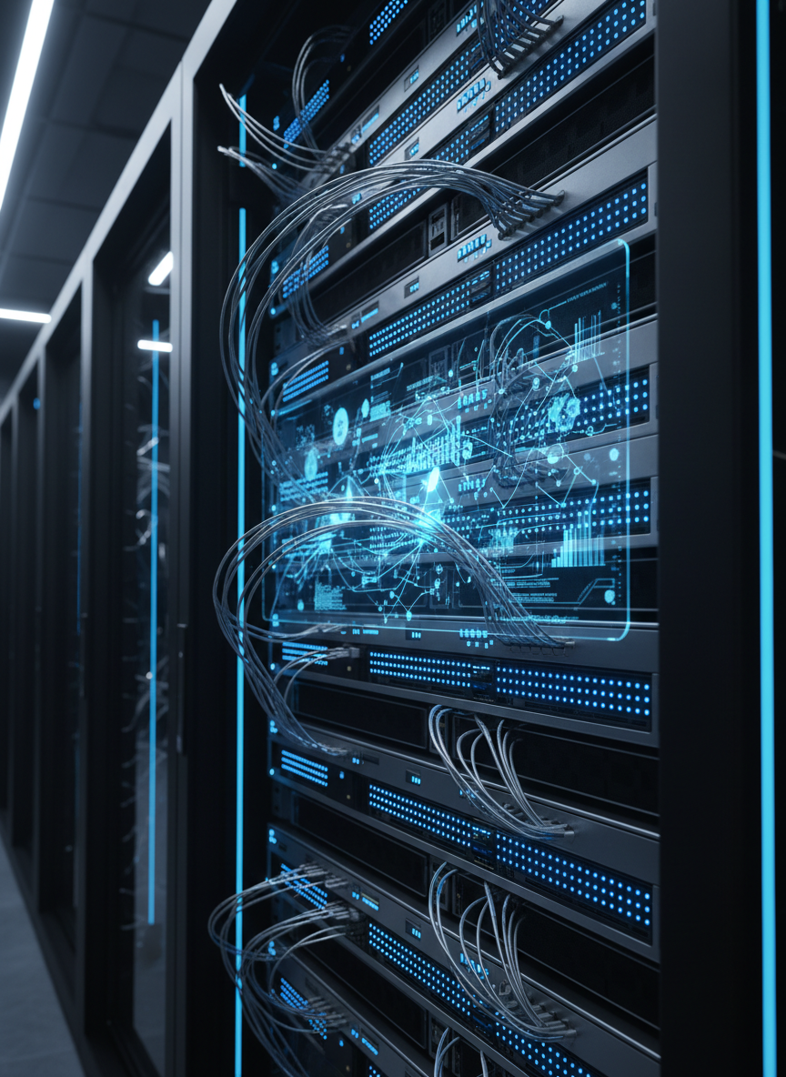 A close-up of a sophisticated black server rack embedded with sleek, brushed-metal AI processors, each adorned with tiny, pulsing sapphire-blue indicator lights. Fine silver cabling is meticulously organized, forming graceful arcs that suggest structured pathways. Behind the hardware, a transparent overlay of faint, holographic marketing metrics and automation workflows hovers in the air, subtly visible yet not overwhelming. The scene is set in a dimly lit, ultra-modern data center, with cool directional lighting creating dramatic highlights and soft gradients on the metal surfaces. Photographic realism with a cinematic, low-angle composition emphasizes power, precision, and the invisible intelligence driving efficient, automated sales systems.