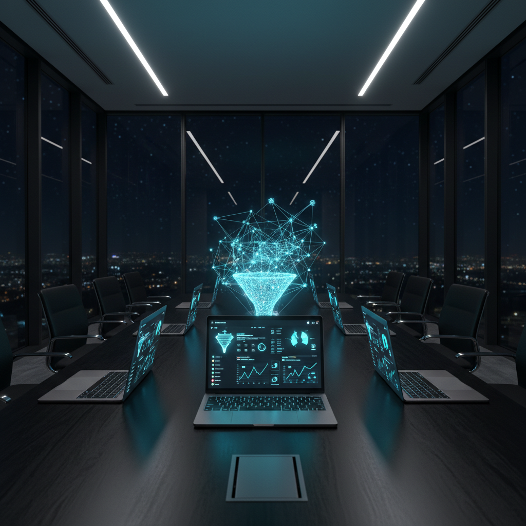 An elegant, dark conference table made of matte black wood, covered with high-end laptops displaying complex marketing automation dashboards and funnel diagrams in deep blues and electric cyans. Between the devices, a glowing, three-dimensional wireframe of a sales journey rises from a central projector, resembling a luminous constellation. The room is minimalist with glass walls overlooking a night sky filled with stars, gently out of focus. Subtle overhead LED lighting casts controlled pools of light, emphasizing the technology. Photographic realism, shot from a slightly elevated angle with balanced composition, creates a refined, strategic atmosphere that feels analytical, forward-thinking, and precisely engineered for revenue growth.