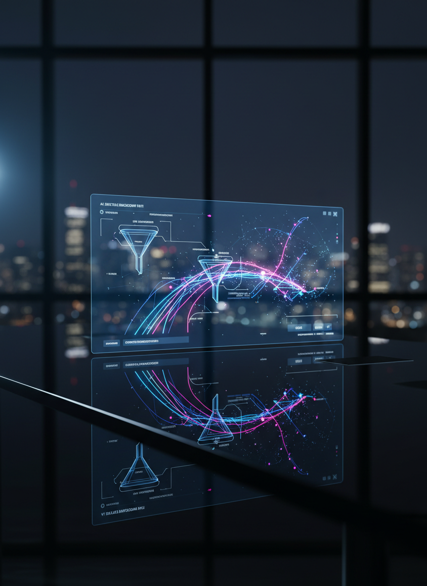 A sleek midnight-blue holographic interface displaying interconnected sales funnels and AI-driven analytics, floating above a reflective black glass desk. Neon-like data streams curve across the screen, forming a path of glowing nodes that resemble a star map of revenue opportunities. In the background, a panoramic window reveals a distant, softly blurred city skyline at night, studded with lights. Cool, cinematic side lighting creates subtle reflections and crisp highlights on the glass surface. Photographic realism with a clean, modern aesthetic, shot at eye level with a shallow depth of field, conveys a sophisticated, visionary mood centered on AI-powered marketing automation and strategic clarity in the dark.